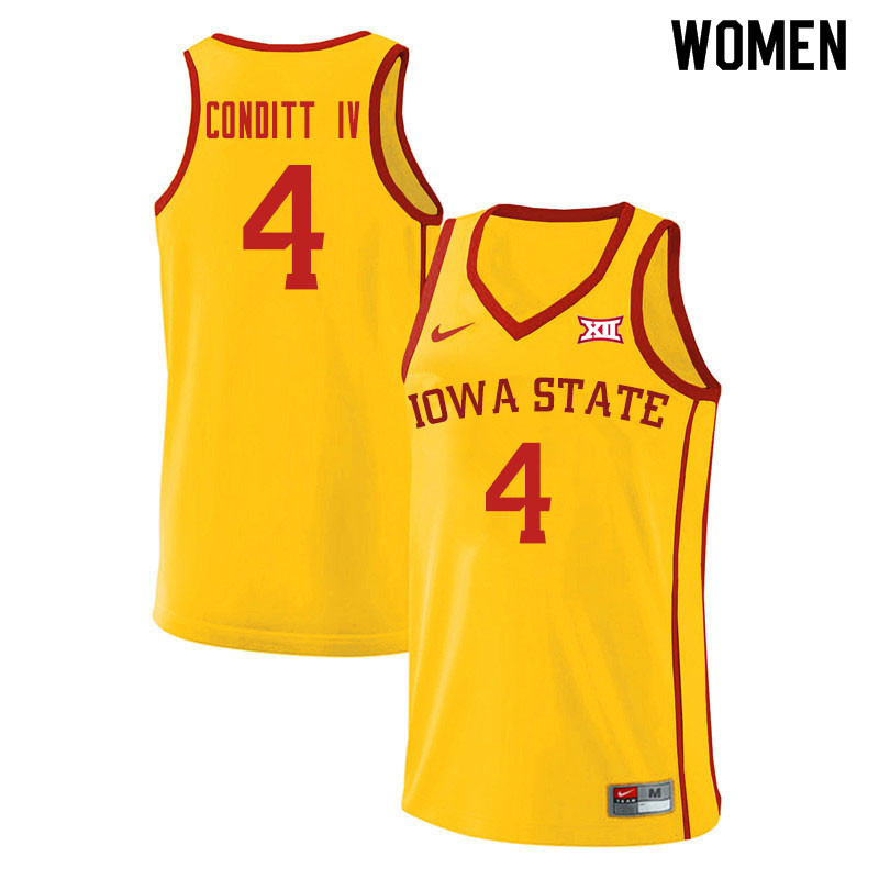 Women #4 George Conditt IV Iowa State Cyclones College Basketball Jerseys Sale-Yellow - Click Image to Close